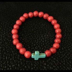 Red Howlite with Turquoise Cross Bracelet